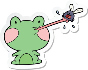 sticker of a cartoon frog catching fly