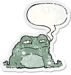 cartoon toad with speech bubble distressed distressed old sticker