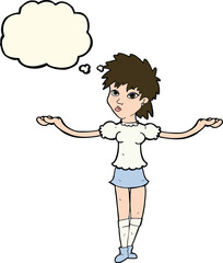 cartoon woman shrugging shoulders with thought bubble