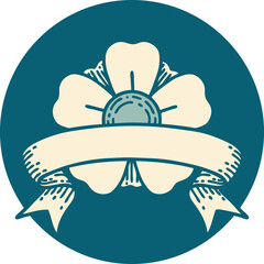 tattoo style icon with banner of a flower