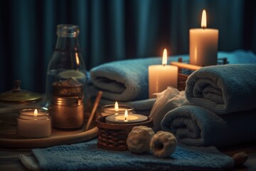 Relaxation scene with towel and candles. Generative AI