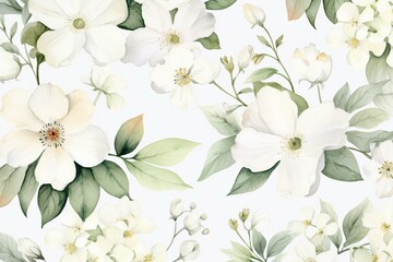 Pattern: delicate white floral watercolor design with vintage summer vibes. Ideal for fabric, wallpaper, or abstract background. Generative AI