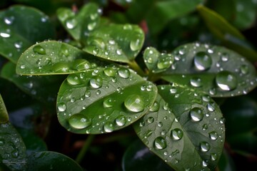 A detailed view of a lush plant covered in glistening water droplets. Generative AI