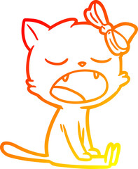 warm gradient line drawing of a cartoon yawning cat