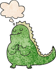 cartoon dinosaur with thought bubble in grunge texture style
