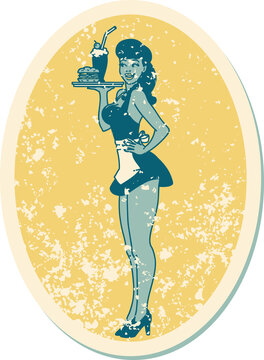 distressed sticker tattoo in traditional style of a pinup waitress girl
