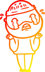 warm gradient line drawing of a cartoon bearded man crying