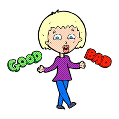 cartoon woman weighing up good and bad options