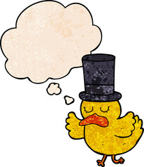 cartoon duck wearing top hat with thought bubble in grunge texture style