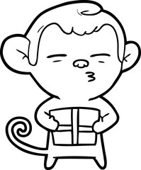 cartoon suspicious monkey with present