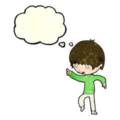 cartoon worried boy pointing with thought bubble