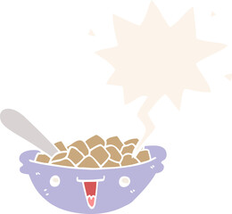 cute cartoon bowl of cereal with speech bubble in retro style
