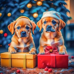 Cute babies, dogs and puppies with gifts on a festive background. Christmas background with cute animals
