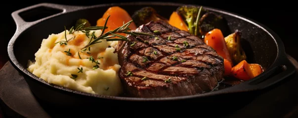 Fototapete Rund Beef steak with mashed potatoes and roasted vegetables served on a black plate,  juicy steak.  © Daniela