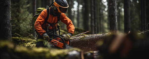 Woodcutter saws wood in the amazing forest with a chainsaw. - obrazy, fototapety, plakaty