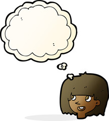 cartoon happy female face with thought bubble