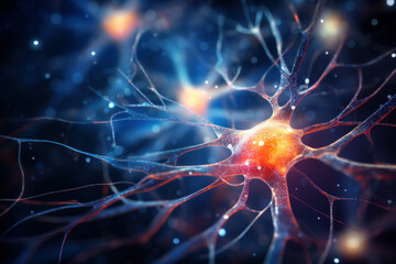 Neural network macro view, nerve cell with dendrites, neuron close-up