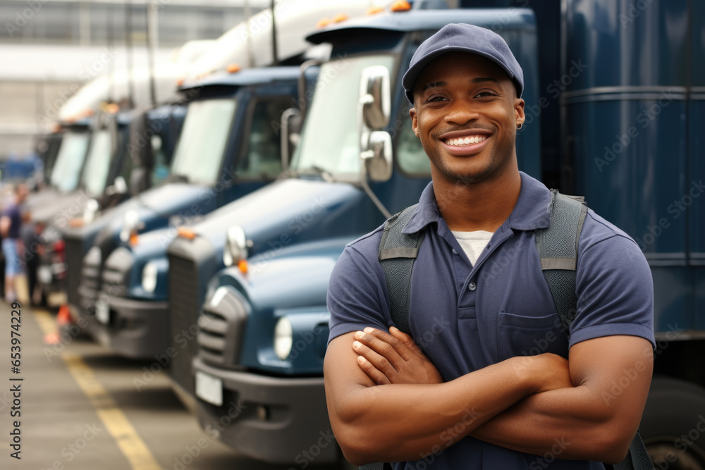 Aufkleber man confidently stands in front of line of trucks. this image can be used to convey concepts such as