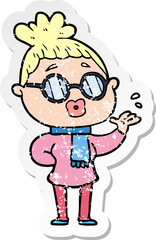 distressed sticker of a cartoon woman wearing spectacles