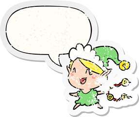 cartoon happy christmas elf with speech bubble distressed distressed old sticker