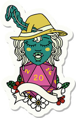 sticker of a singing half orc bard character with natural twenty dice roll