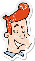 distressed sticker of a cartoon happy man