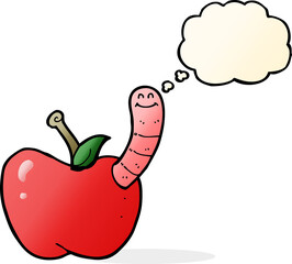 cartoon apple with worm with thought bubble