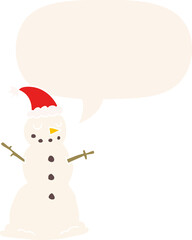 cartoon christmas snowman with speech bubble in retro style
