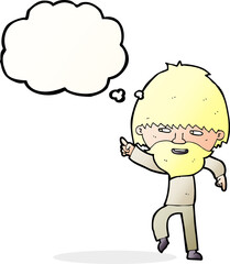 cartoon bearded man pointing and laughing with thought bubble