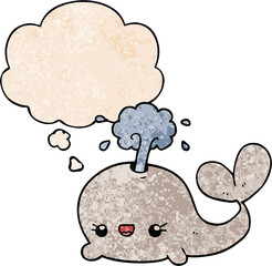 cute cartoon whale with thought bubble in grunge texture style