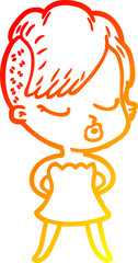 warm gradient line drawing of a cartoon pretty hipster girl