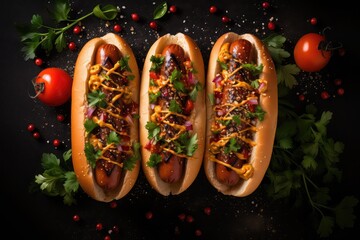 hot dogs on the wooden tray - obrazy, fototapety, plakaty