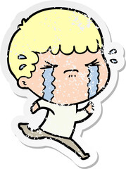 distressed sticker of a cartoon man crying