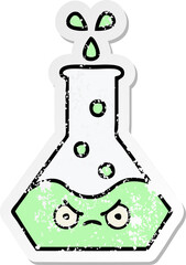 distressed sticker of a cute cartoon science beaker
