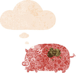 cute cartoon pig with thought bubble in grunge distressed retro textured style