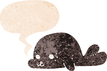 cartoon baby seal with speech bubble in grunge distressed retro textured style