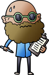 cartoon worried man with beard and sunglasses taking survey