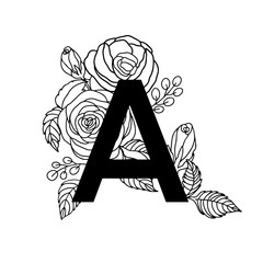 Flower font alphabet, Letter A. Luxury wedding invitation flowers letters. Laser cut template. Initial monogram letter. May be used for logo or paper cutting.