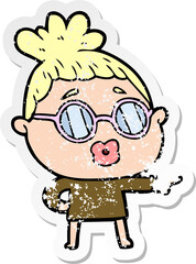 distressed sticker of a cartoon woman wearing spectacles