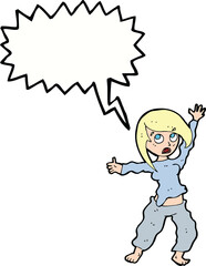 cartoon frightened woman with speech bubble