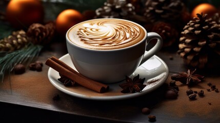 Cappuccino or latte art coffee with coffee beans on wooden background