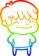 rainbow gradient line drawing of a happy cartoon boy