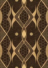 Hand-drawn unique abstract symmetrical seamless gold ornament with golden glittery splatter on a dark brown background. Paper texture. Digital artwork, A4. (pattern: p12d)