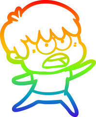 rainbow gradient line drawing of a worried cartoon boy