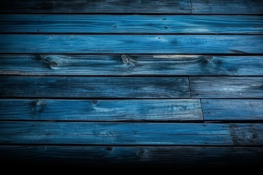 Blue wooden planks on a dark backdrop. Generative AI