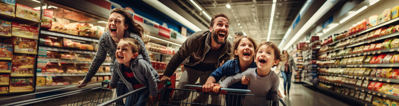 Family happy for discount in food market, banner for special sale store