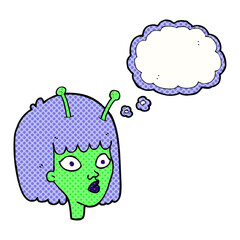freehand drawn thought bubble cartoon female alien
