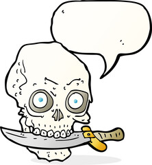 cartoon pirate skull with knife in teeth with speech bubble