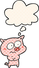 cartoon nervous pig with thought bubble in comic book style