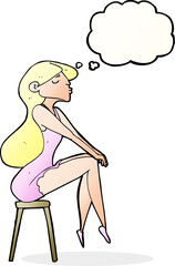 cartoon woman sitting on stool with thought bubble